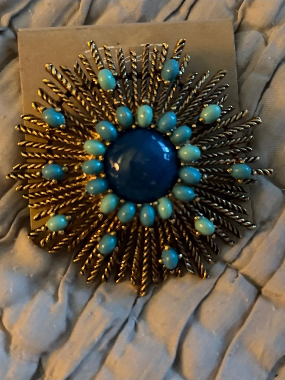 Large sunburst brooch lapis crystal and turquoise colored cabochon stones brooch